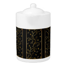 Black and Gold Leaf and Vine patterned Teapot