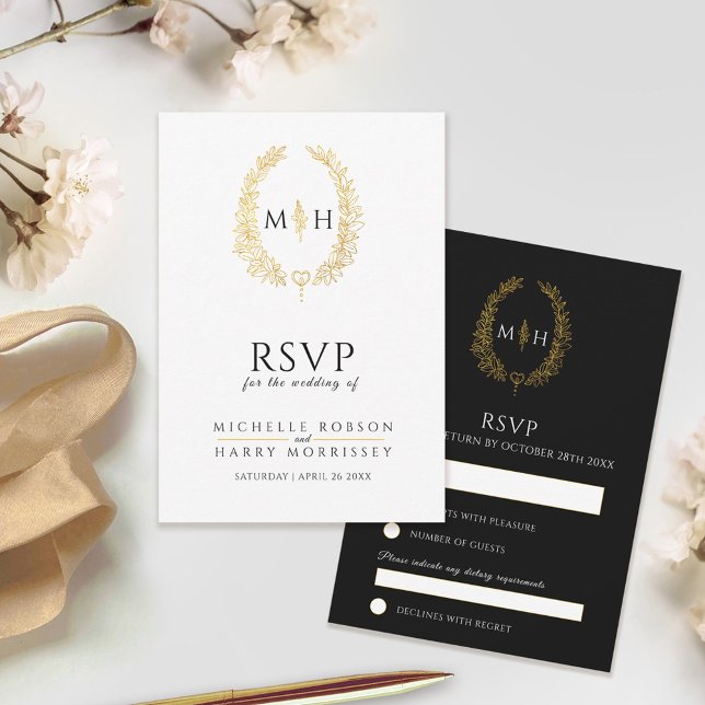 Black and gold leaf oval wreath RSVP wedding Card (Creator Uploaded)