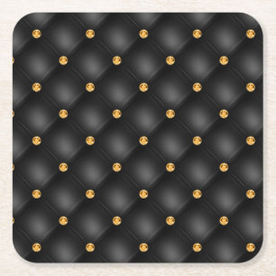 Black and Gold Leather Diamond Tufted Square Paper Coaster
