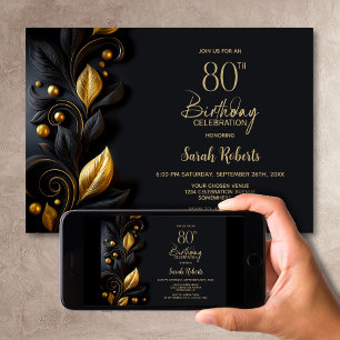 Black and Gold Leaves 80th Birthday Party Invitation