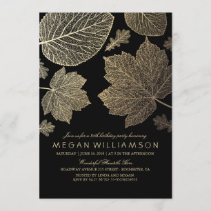 Black and Gold Leaves Fall Birthday Party Invitation