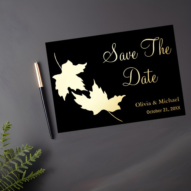 Black and Gold Leaves Fall Save the Date card (Creator Uploaded)