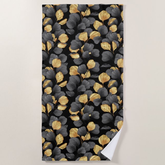 Black and gold leaves. Pattern Beach Towel (Front)