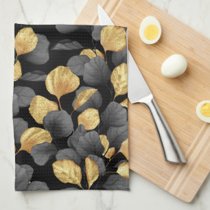 Black and gold leaves. Pattern Kitchen Towel