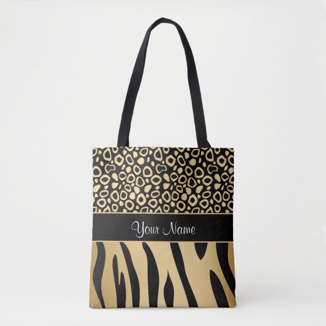 Black and Gold Leopard and Zebra Pattern Tote Bag (Front)