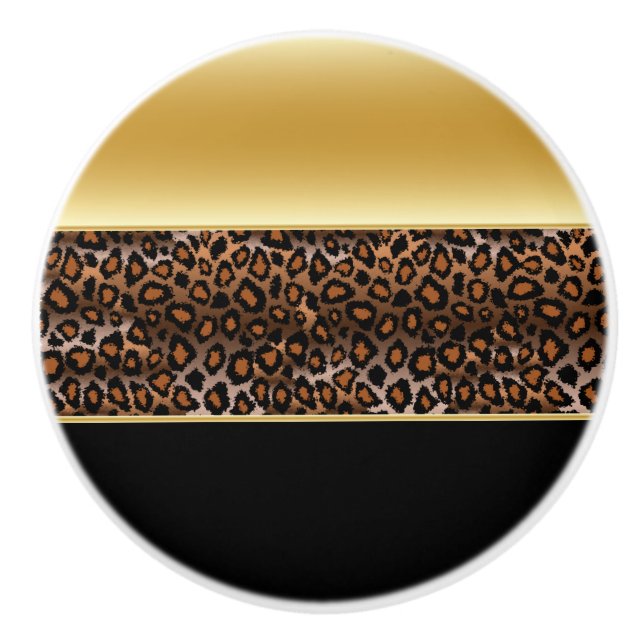 Black and Gold Leopard Animal Print Ceramic Knob (Front)