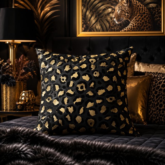 Black and Gold Leopard Print Animal Pattern Throw Pillow (Creator Uploaded)