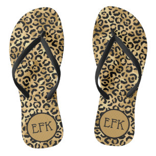 Black and Gold Leopard Print Animal Print Monogram Flip Flops