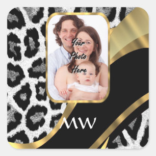 Black and gold leopard print square sticker