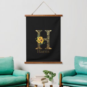 Black and Gold Letter H Sunflowers  Hanging Tapestry
