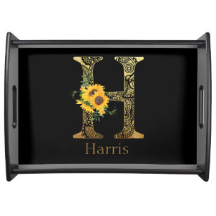 Black and Gold Letter H Sunflowers  Serving Tray