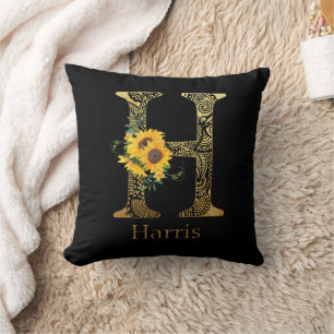 Black and Gold Letter H Sunflowers  Throw Pillow
