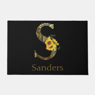 Black and Gold Letter S Sunflowers  Doormat