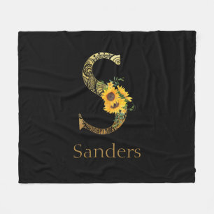 Black and Gold Letter S Sunflowers  Fleece Blanket
