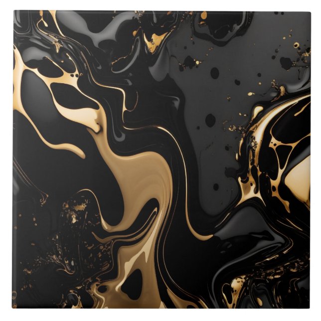 Black and Gold Liquid Marble Ceramic Tile (Front)