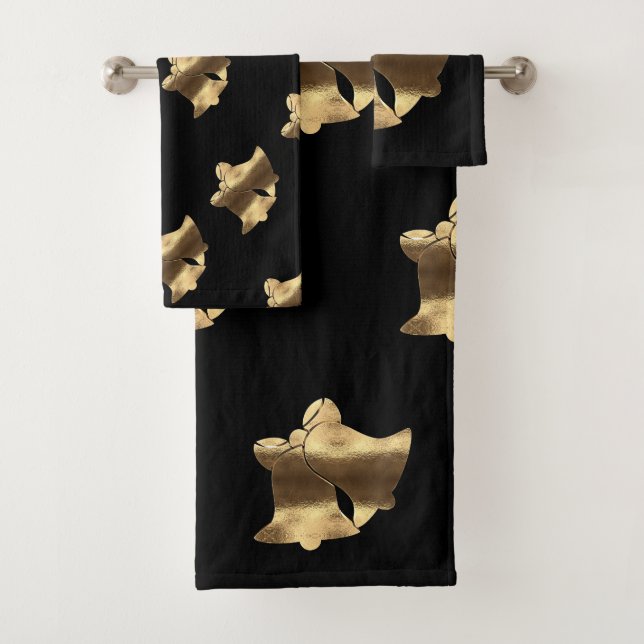 Black and Gold Look Christmas Bells Elegant Bath Towel Set (Insitu)