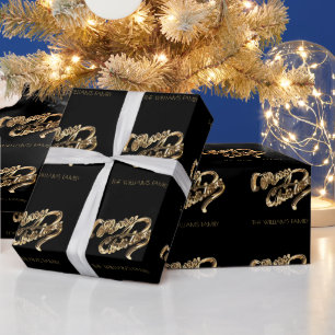 Black and Gold Look Script Merry Christmas Wrapping Paper
