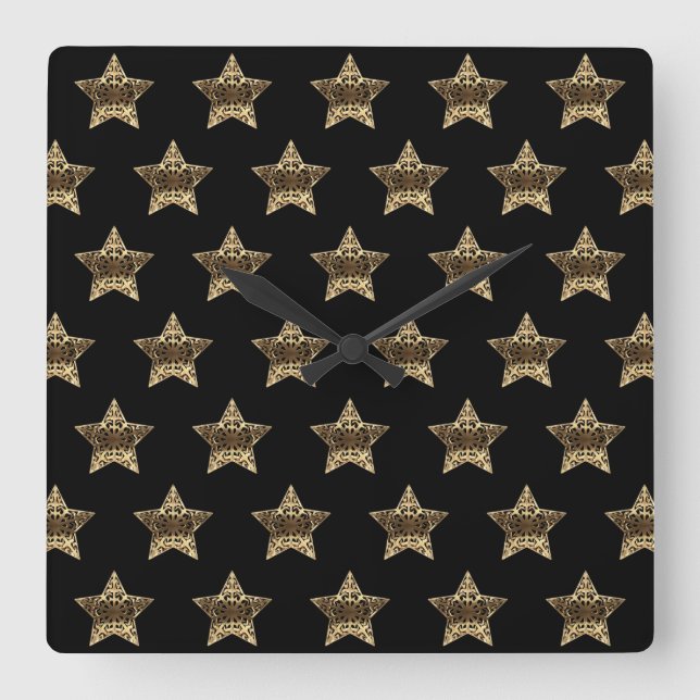 Black and Gold Look Stars Pattern Elegant Square Wall Clock (Front)
