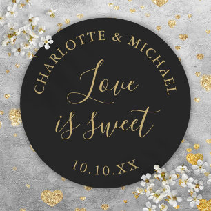 Black And Gold Love Is Sweet Wedding Favour  Classic Round Sticker