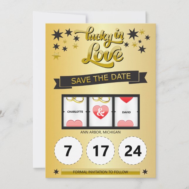 Black and Gold Lucky in Love Save the Date (Front)