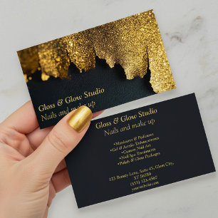 Black and Gold Luxurious Glitter nail beauty salon Business Card