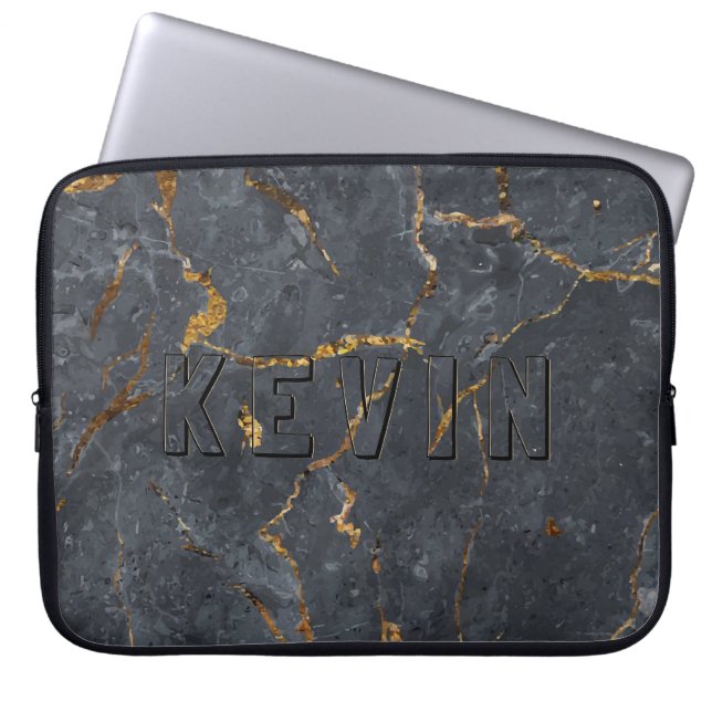 Black and gold luxury marble texture laptop sleeve (Front)