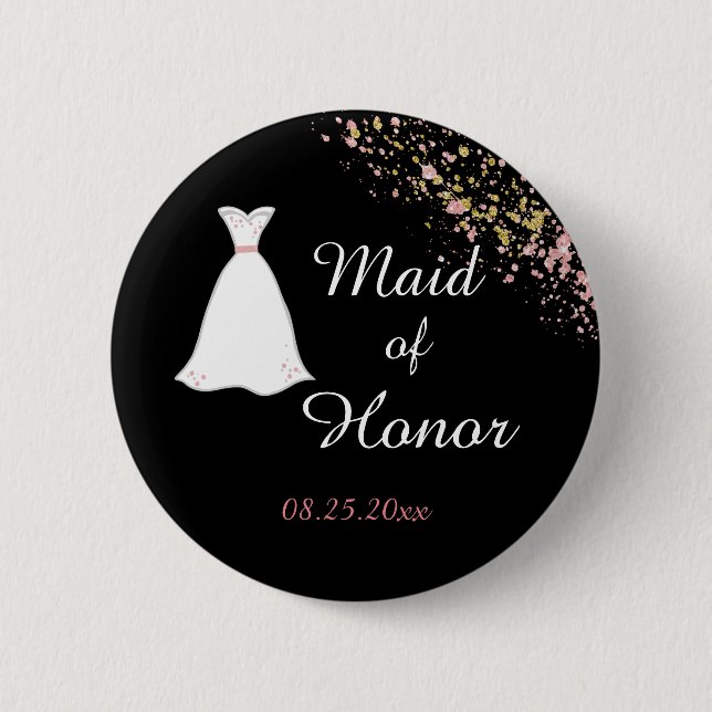Black and Gold  Maid of Honour 2 Inch Round Button (Front)
