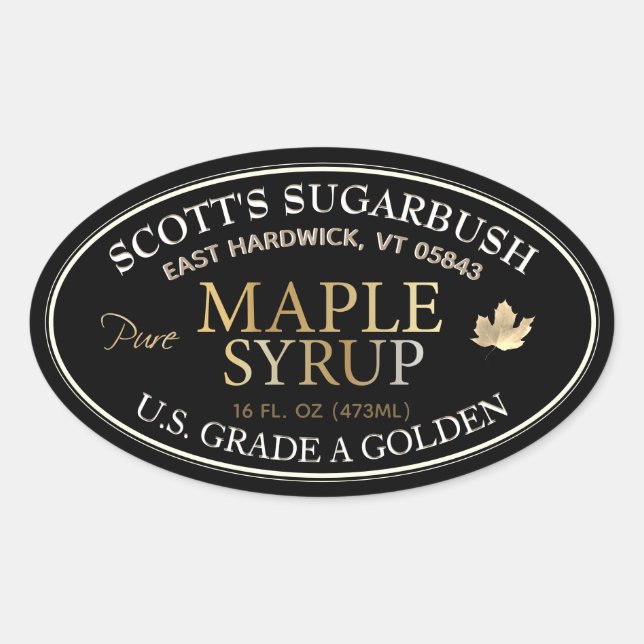 Black and Gold Maple Syrup with Gold Leaf Oval Sticker (Front)