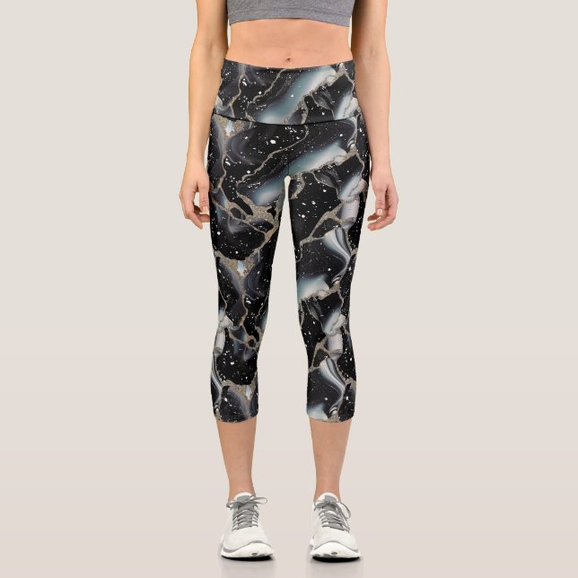 Black And Gold Marble Abstract Modern Capri Leggings (Front)