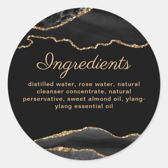 Black And Gold Marble Agate Beauty Ingredient List Classic Round Sticker (Front)