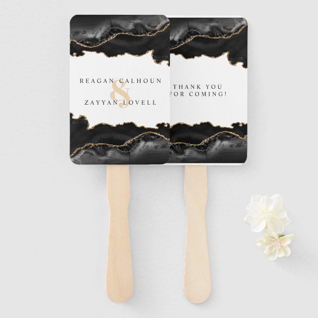 Black And Gold Marble Agate Modern Elegant Wedding Hand Fan (Front and Back)