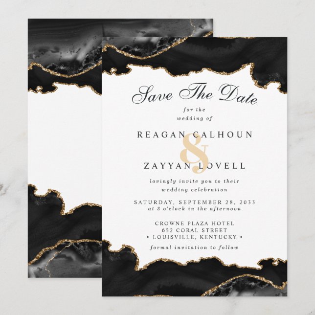 Black And Gold Marble Agate Modern Save The Date (Front/Back)