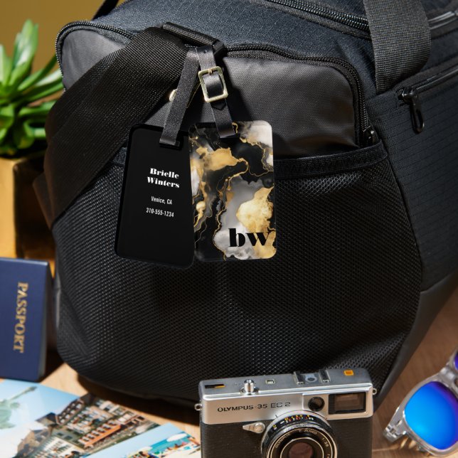 Black and Gold Marble Custom Text Luggage Tag (Front & Back)