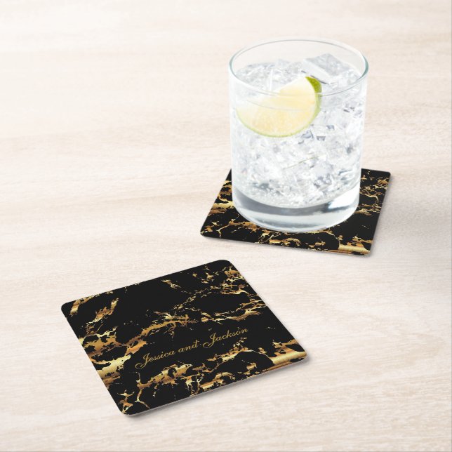 Black and Gold Marble Design Square Paper Coaster (Insitu)