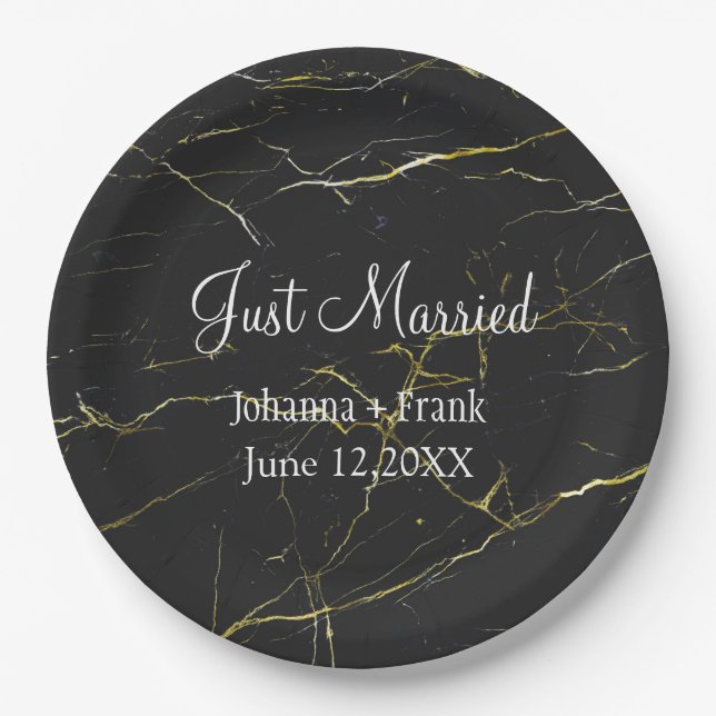 Black and Gold Marble Just Married Paper Plate (Front)