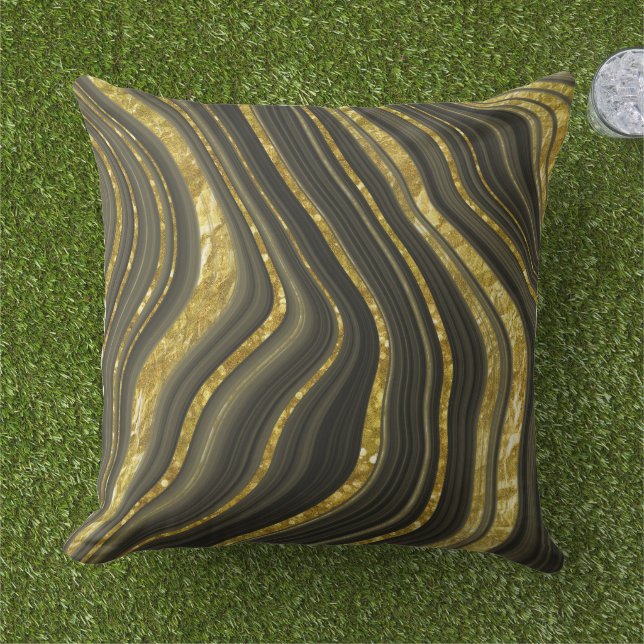 Black and Gold Marble Look Pattern   Outdoor Pillow (Grass)