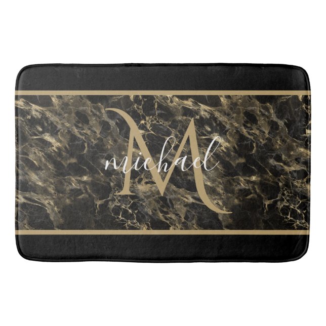 Black and Gold Marble Monogram Elegant Luxury Bath Mat (Front)