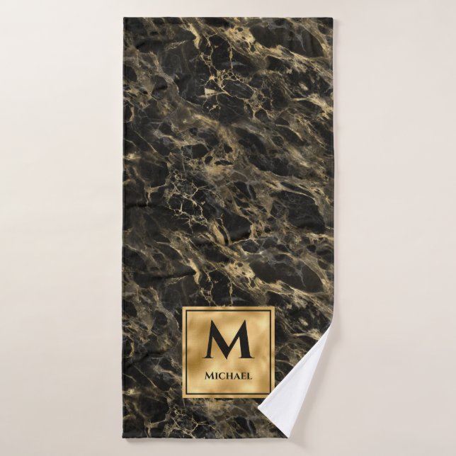 Black and Gold Marble Monogram Elegant Luxury Bath Towel (Bath Towel)