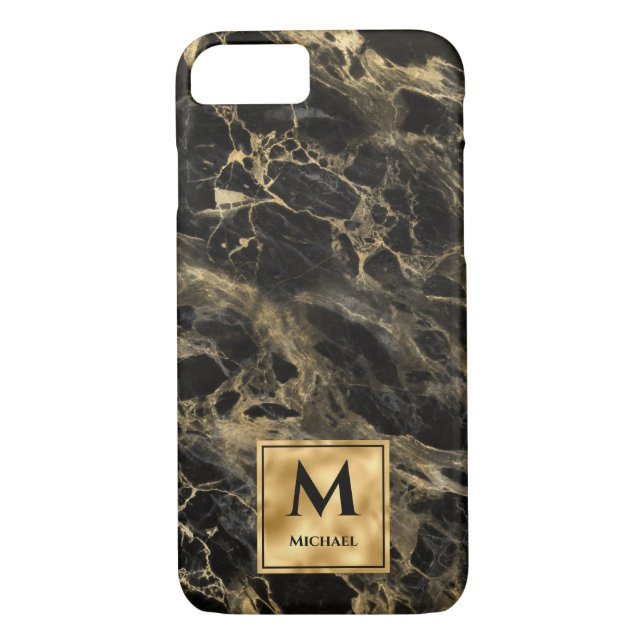 Black and Gold Marble Monogram Elegant Luxury Case-Mate iPhone Case (Back)