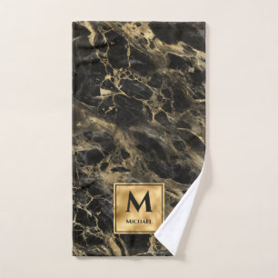 Black and Gold Marble Monogram Elegant Luxury Hand Towel