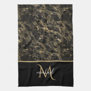 Black and Gold Marble Monogram Elegant Luxury Kitchen Towel