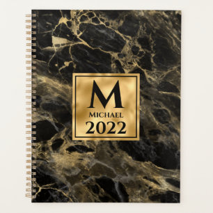 Black and Gold Marble Monogram Elegant Luxury Planner