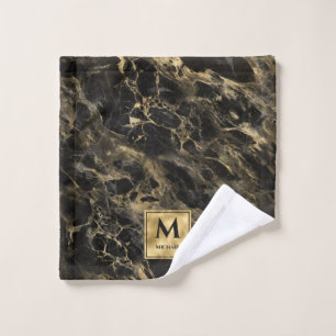 Black and Gold Marble Monogram Elegant Luxury Wash Cloth