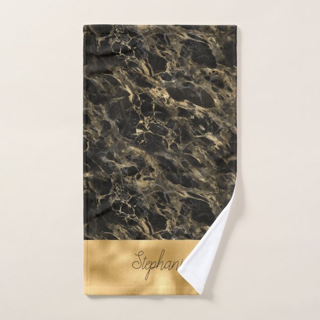 Black and Gold Marble Monogram Hand Towel (Hand Towel)