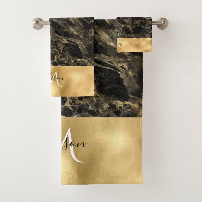 Black and Gold Marble Monogram Shower Curtain Bath Bath Towel Set (Insitu)