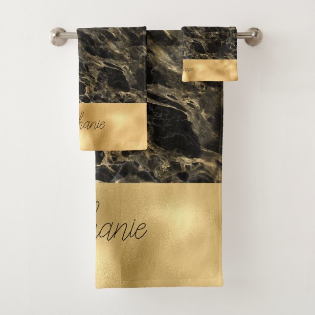 Black and Gold Marble Monogram Shower Curtain Bath Towel Set (Insitu)
