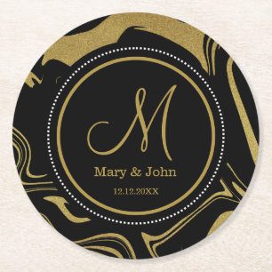 Black And Gold Marble Pattern  Wedding Monogram Round Paper Coaster