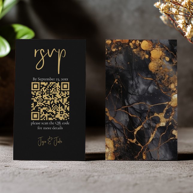 Black and gold marble, QR code wedding RSVP Enclosure Card (Gold marble rsvp insert card with QR code)