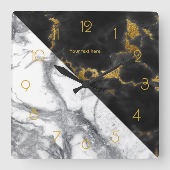 Black and Gold Marble Square Wall Clock (Front)