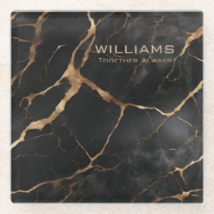 Black and Gold Marble Texture Personalized Glass Coaster